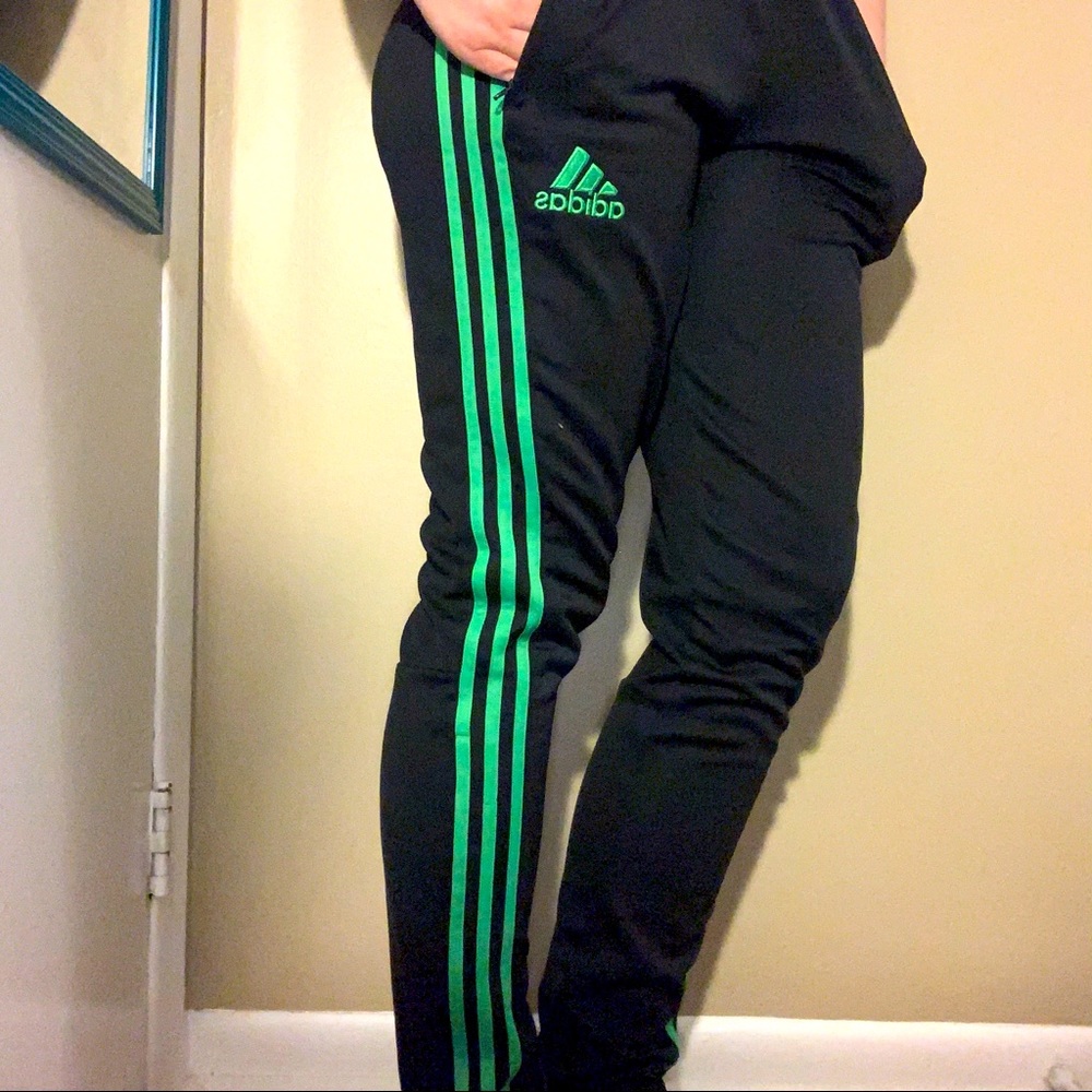 Adidas black and green striped sweatpants